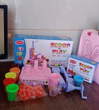 Detailed view of the cookie machine and dough tools from the creative play dough set.