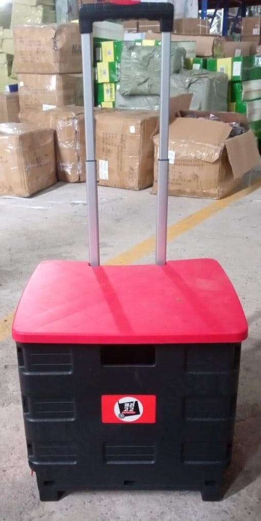 Foldable shopping cart packed with groceries, demonstrating its large storage capacity.