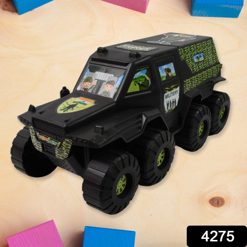 Side view of the green 8-wheel plastic army vehicle.