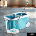 Close-up of stainless steel spinner extracting water from mop head on spin mop