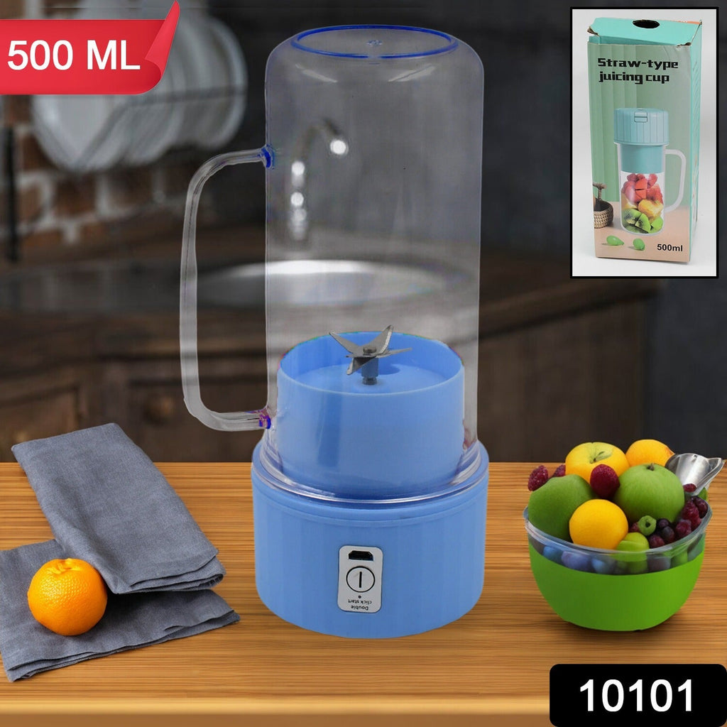 USB rechargeable personal blender with handle and straw.