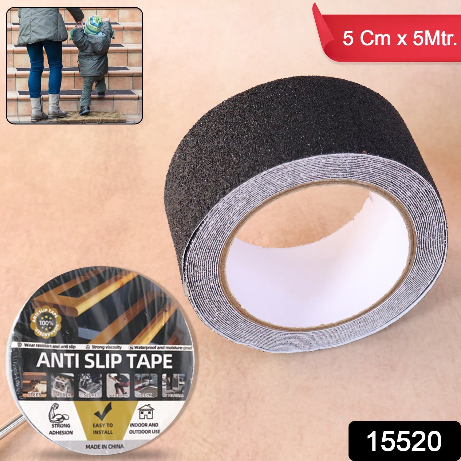 Close-up of 5 cm wide anti-slip tape roll to improve stair safety