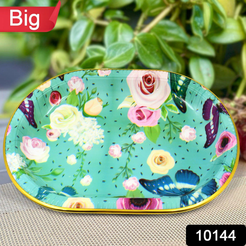 Close-up of the durable plastic serving tray with floral design.