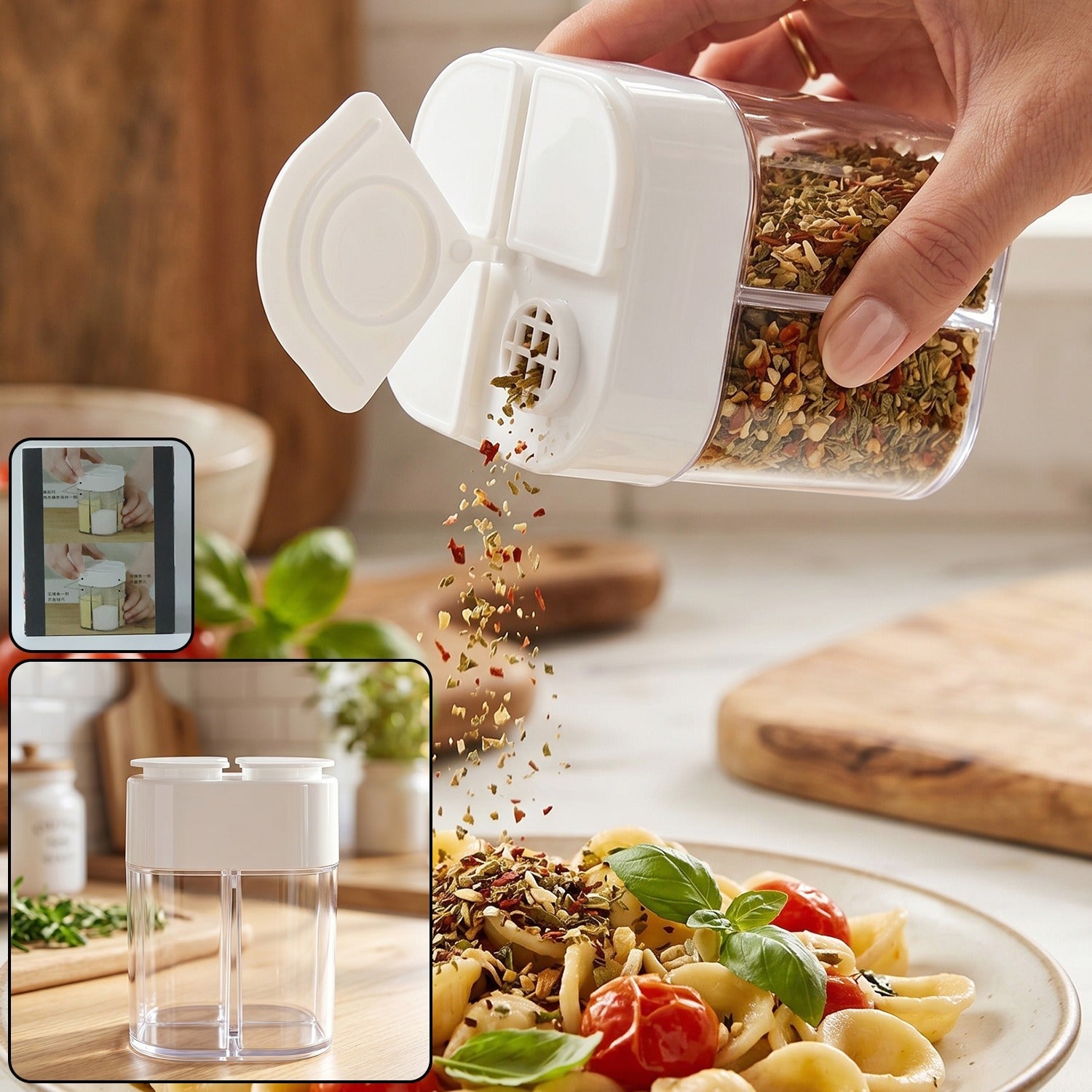 Four compartment plastic kitchen storage container