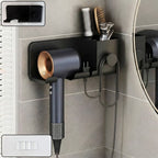 Wall mounted hair dryer holder with shelf and hook for bathroom organization