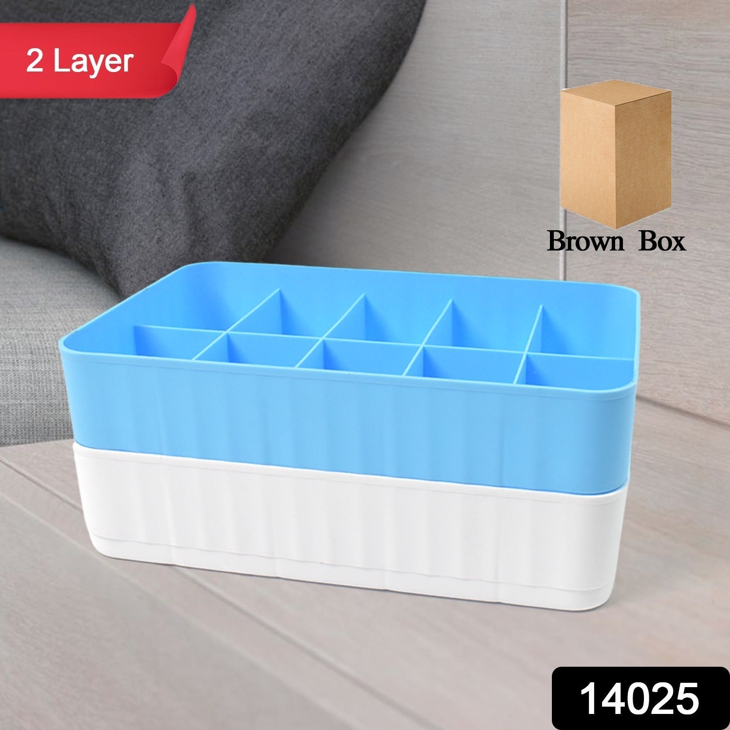 Close-up of a compact drawer organiser with individual compartments for socks and undergarments.