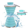 A blue silicone collapsible water bottle shown both upright and compactly folded.