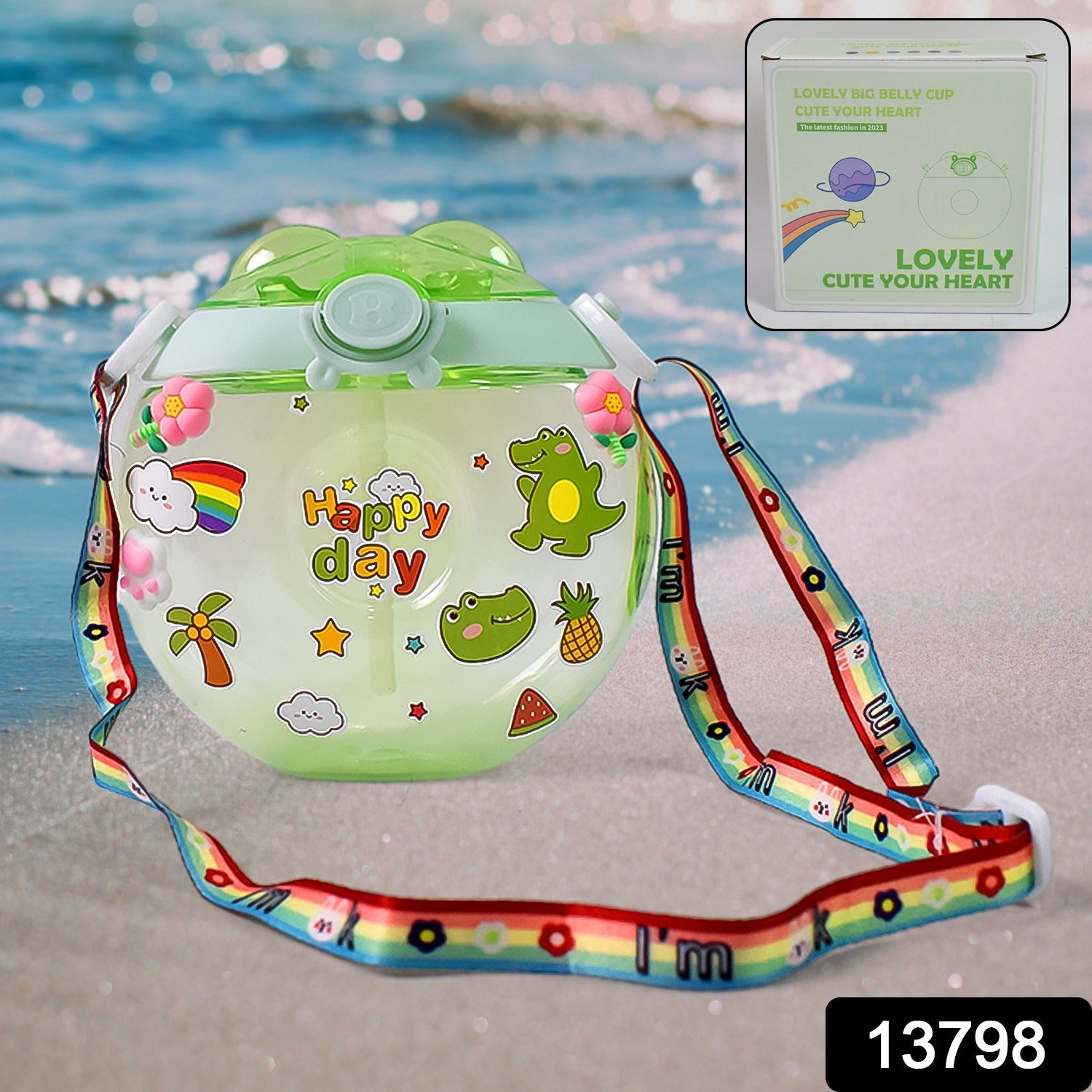 Close-up of the cute green Donut Water Bottle showing its unique shape and convenient handle.