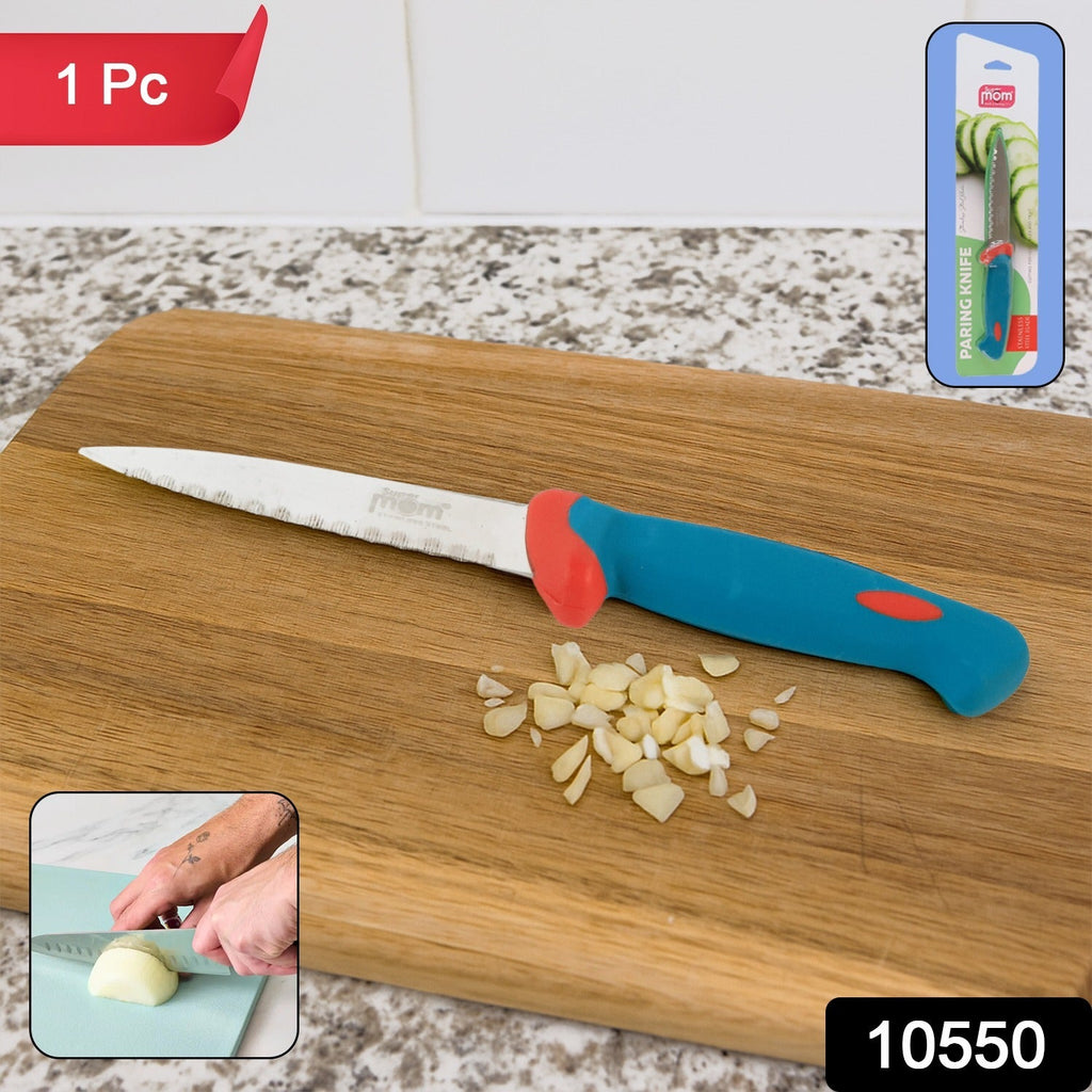 Supermom logo next to stainless steel paring knife