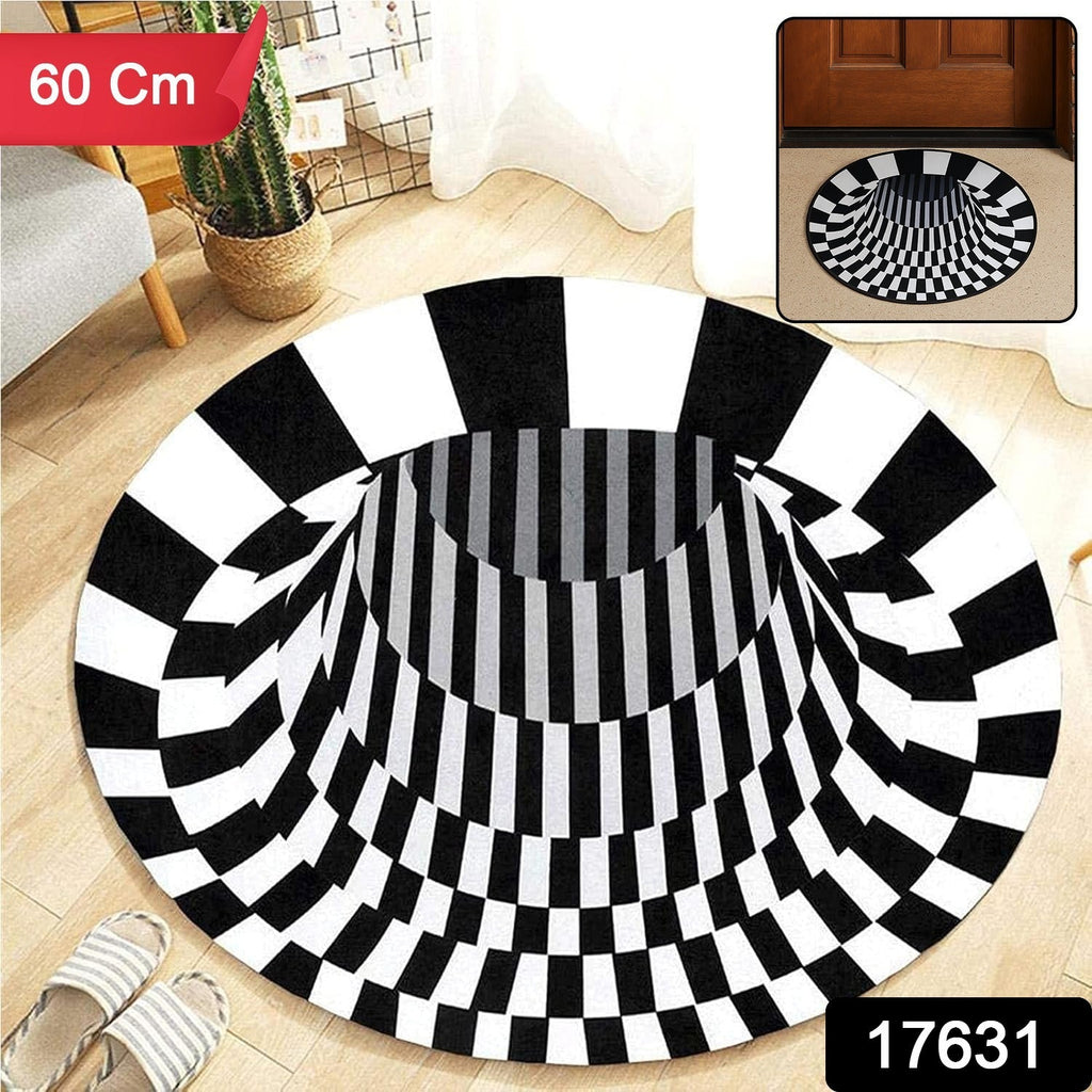 Close-up of 3D vortex checkered design on round floor mat