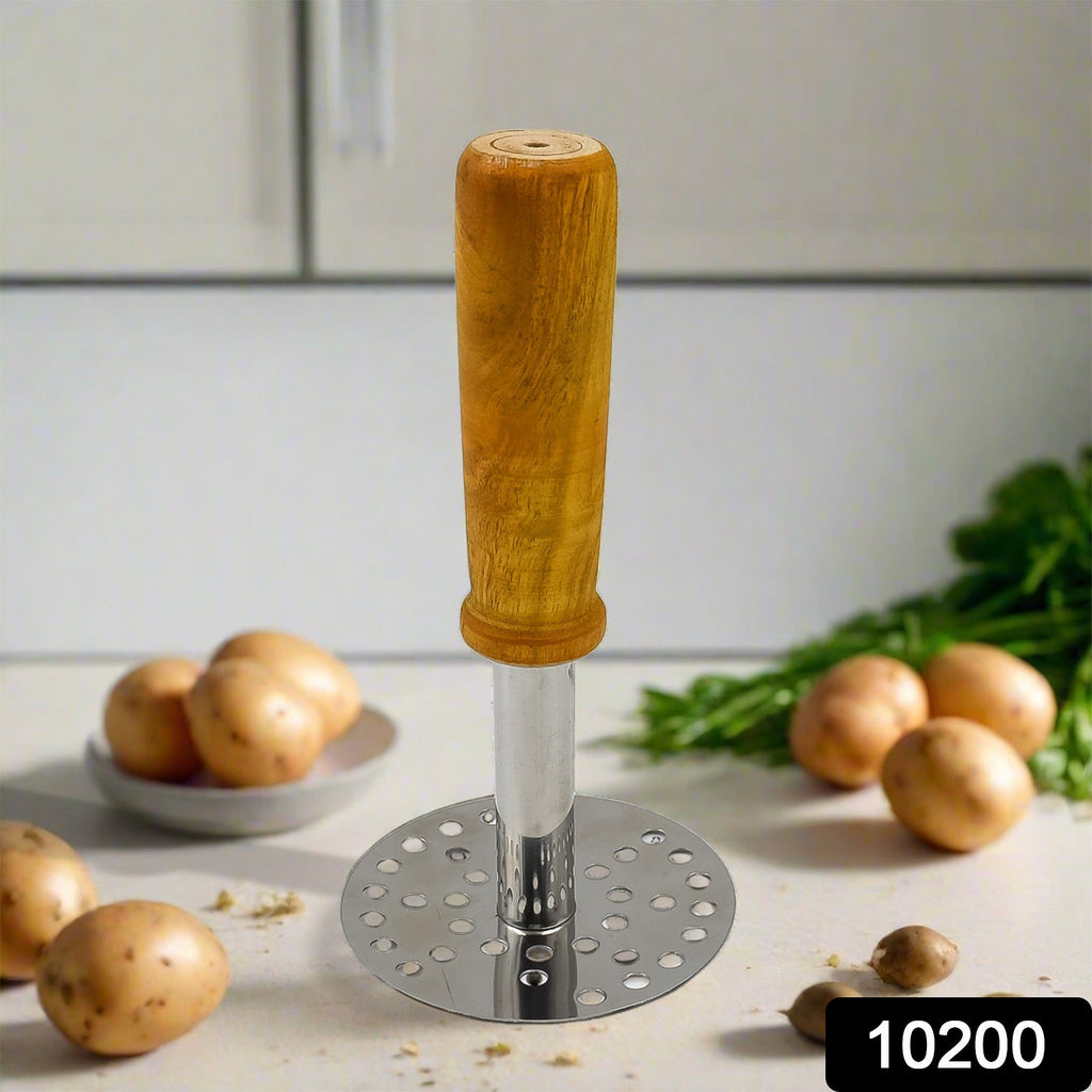 Top view of the durable stainless steel pav bhaji masher with its wooden handle.
