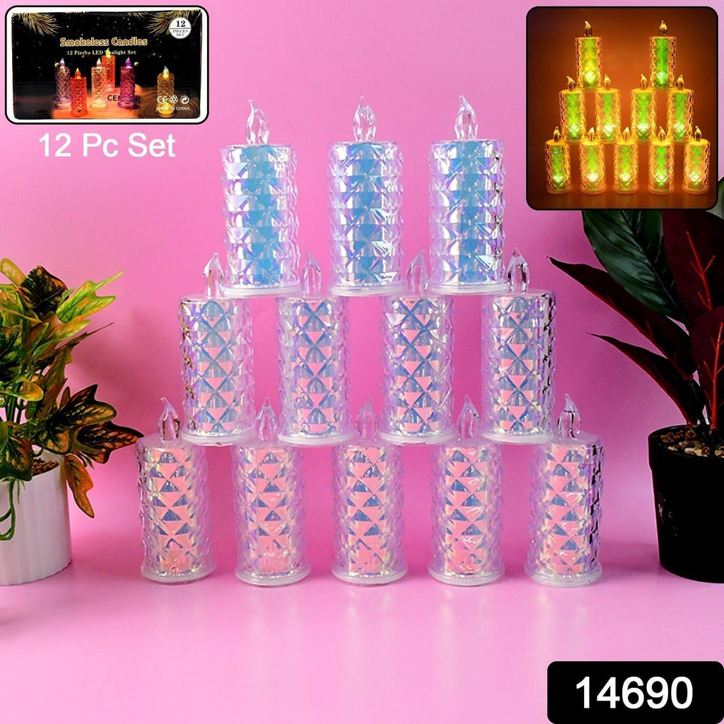 Battery-operated flameless LED candles with diamond-patterned casing