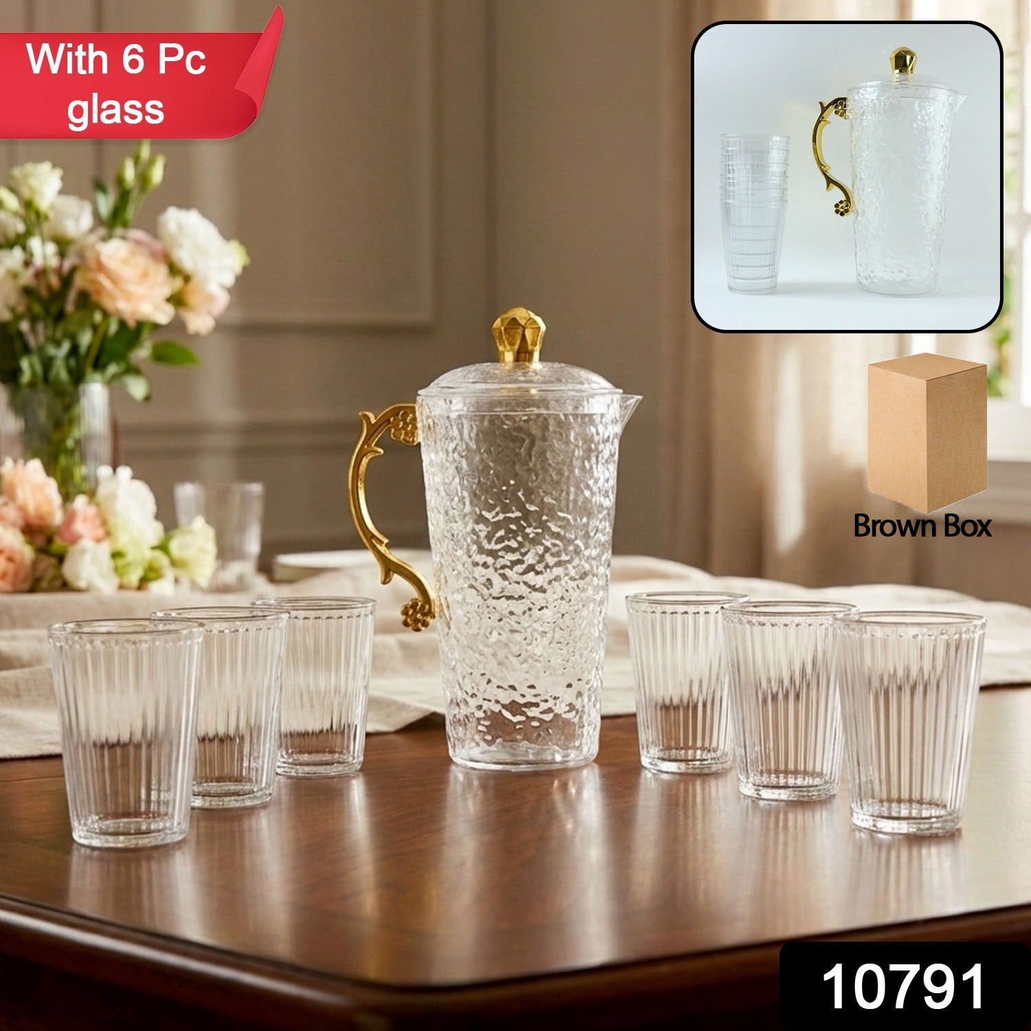 Elegant glass water jug with lid and handle alongside six textured drinking glasses