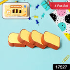A child's hand holding a toast bread eraser, showcasing its cute design.