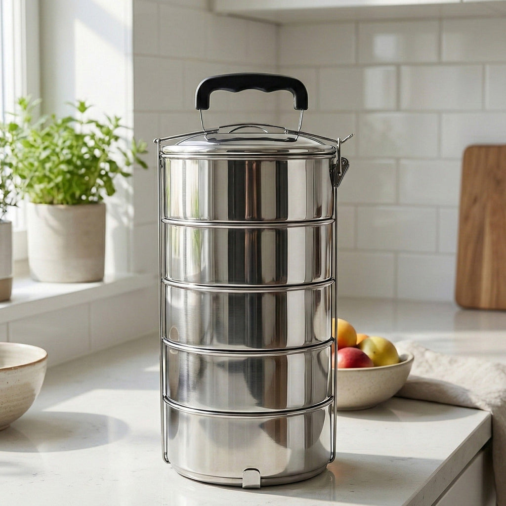 Stainless Steel 5-Compartment Lunch Box with secure locking clips.
