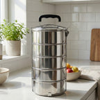 Stainless Steel 5-Compartment Lunch Box with secure locking clips.