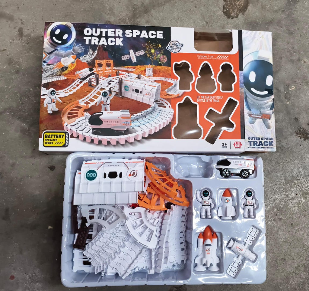 Children engaging in imaginative play with the Space Race Track Set.