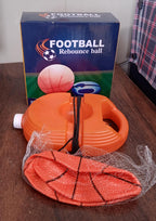 Detailed setup of the Football Rebounder, showing the ball, string, and weighted base for practice.