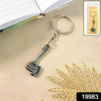 Close-up of a metal axe keychain highlighting rugged antique design