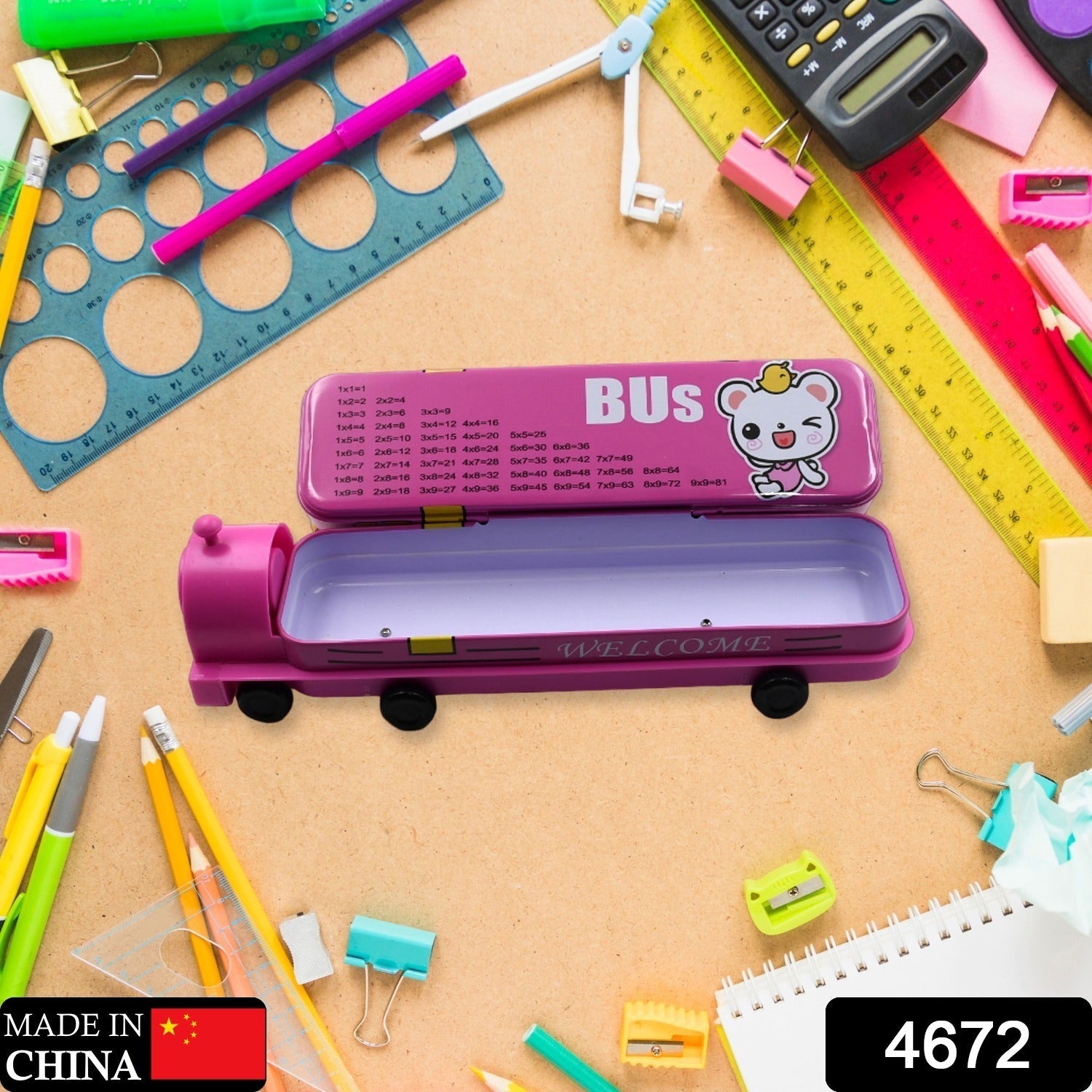 Side view of the metal bus pencil case, highlighting its movable wheels and two-layer structure.