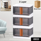 Foldable plastic storage organizer showing double door access for easy retrieval