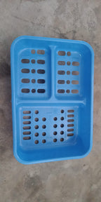 Overhead view of the 3-in-1 plastic soap dish, highlighting its separate storage sections.