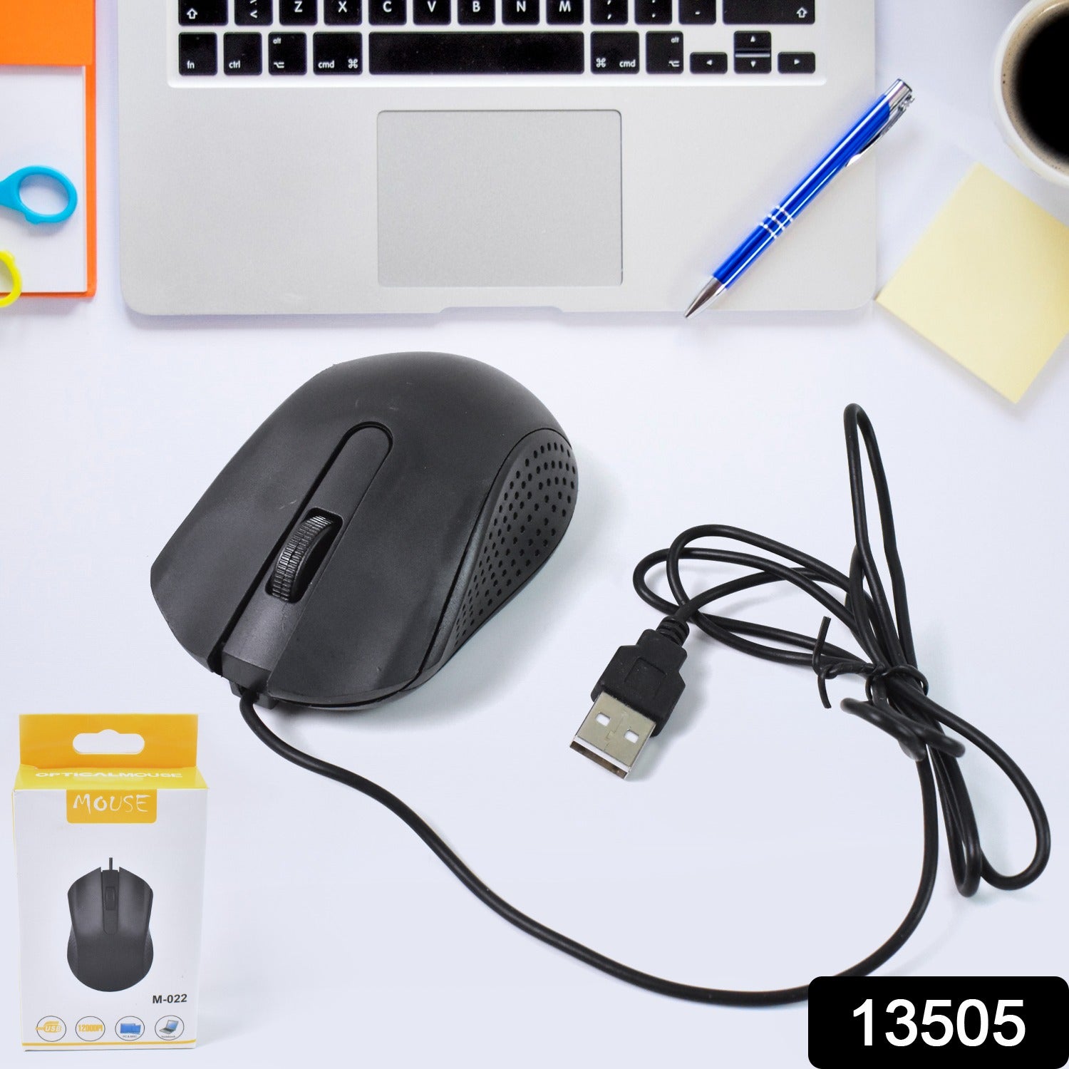 Top-down view of the Compshop M-022 Wired Optical Mouse, highlighting its sleek design.