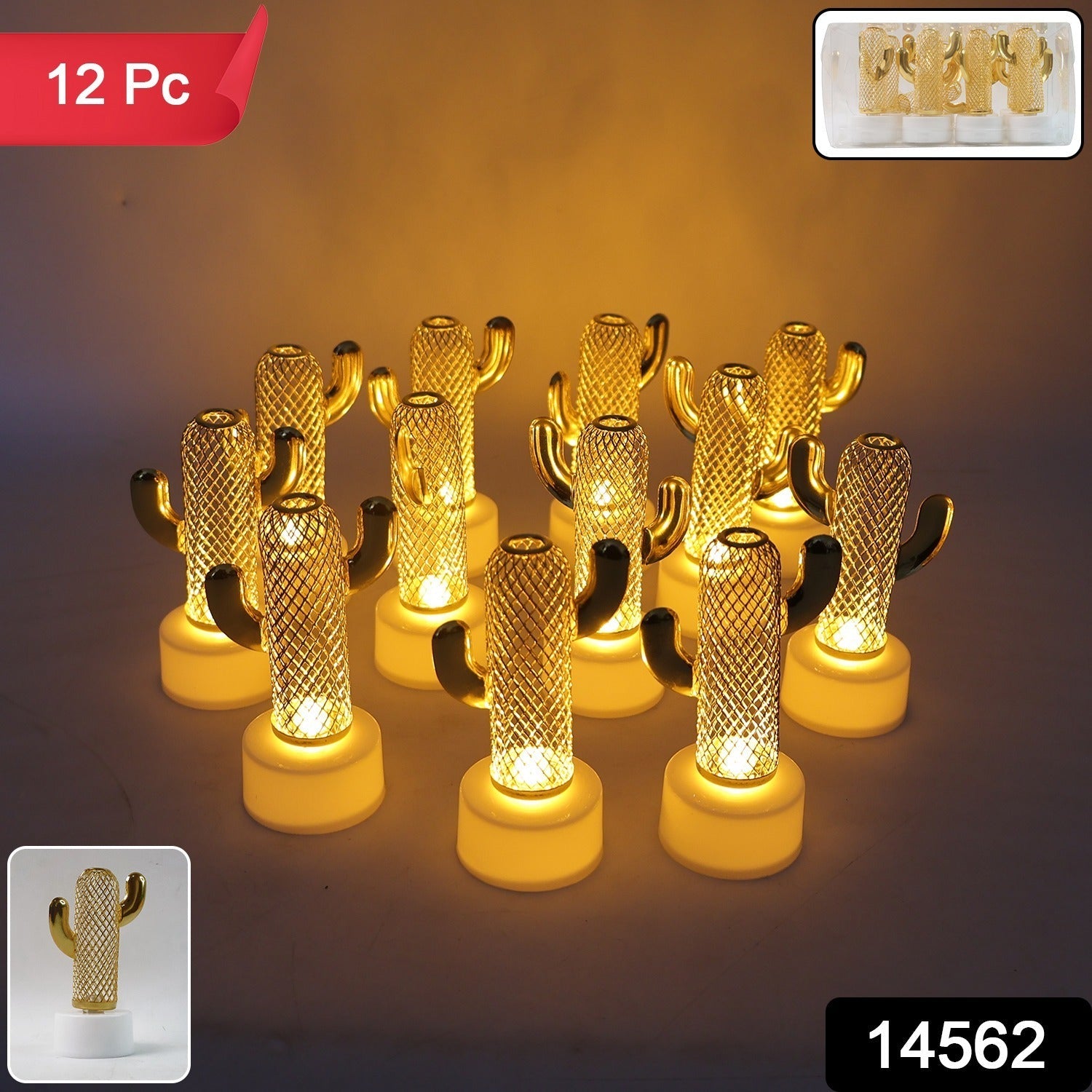 Close-up of decorative Cactus flameless LED candles glowing softly