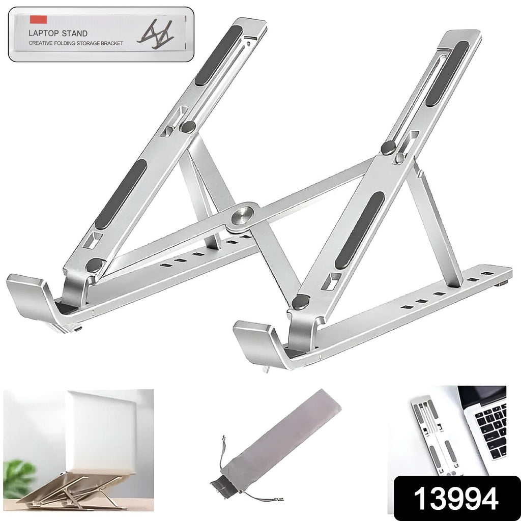 Laptop stand showing six adjustable height angles for ergonomic use
