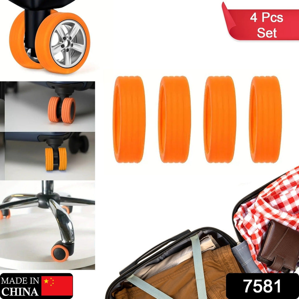 Close-up of a black suitcase wheel fitted with a silicone cover, showcasing the wave pattern for noise reduction.