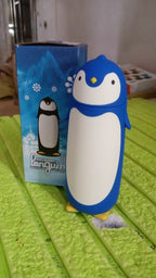 Close-up of the adorable blue and black penguin face on the insulated water bottle