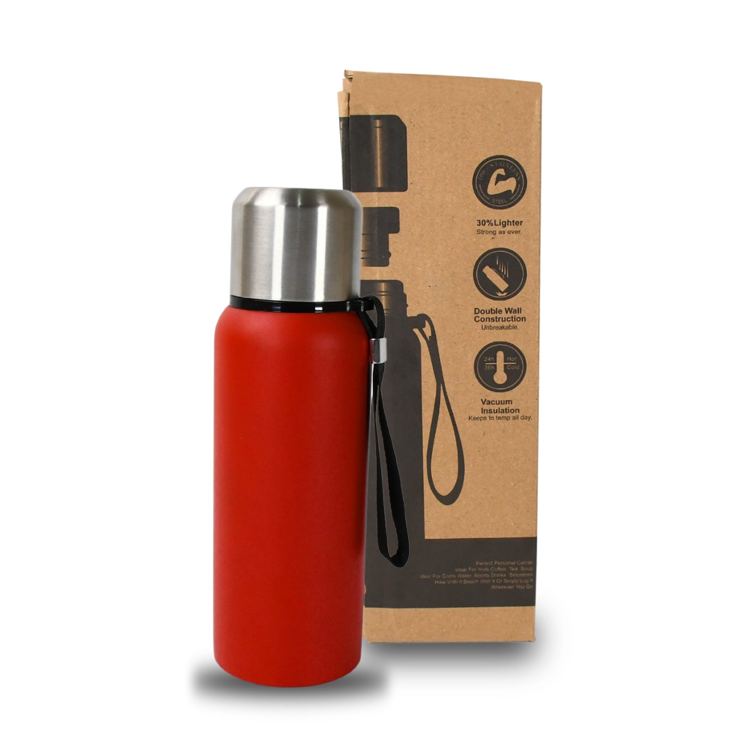 Front view of the sleek, insulated stainless steel water bottle, ready for daily use.
