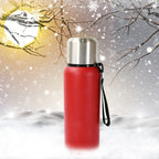 Silver stainless steel water bottle with leak-proof cap on a plain background.