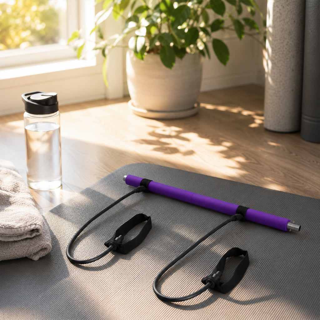 Detachable two-piece exercise bar for easy storage and transport.