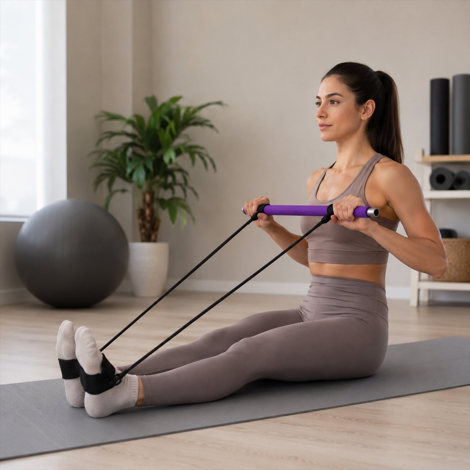 Compact home gym toning bar with resistance bands for versatile routines.