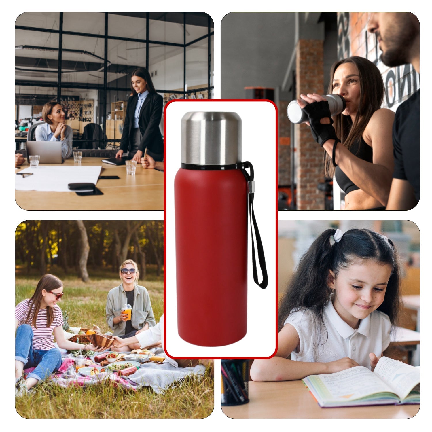 Close-up of the durable, rust-proof stainless steel water bottle with its secure lid.