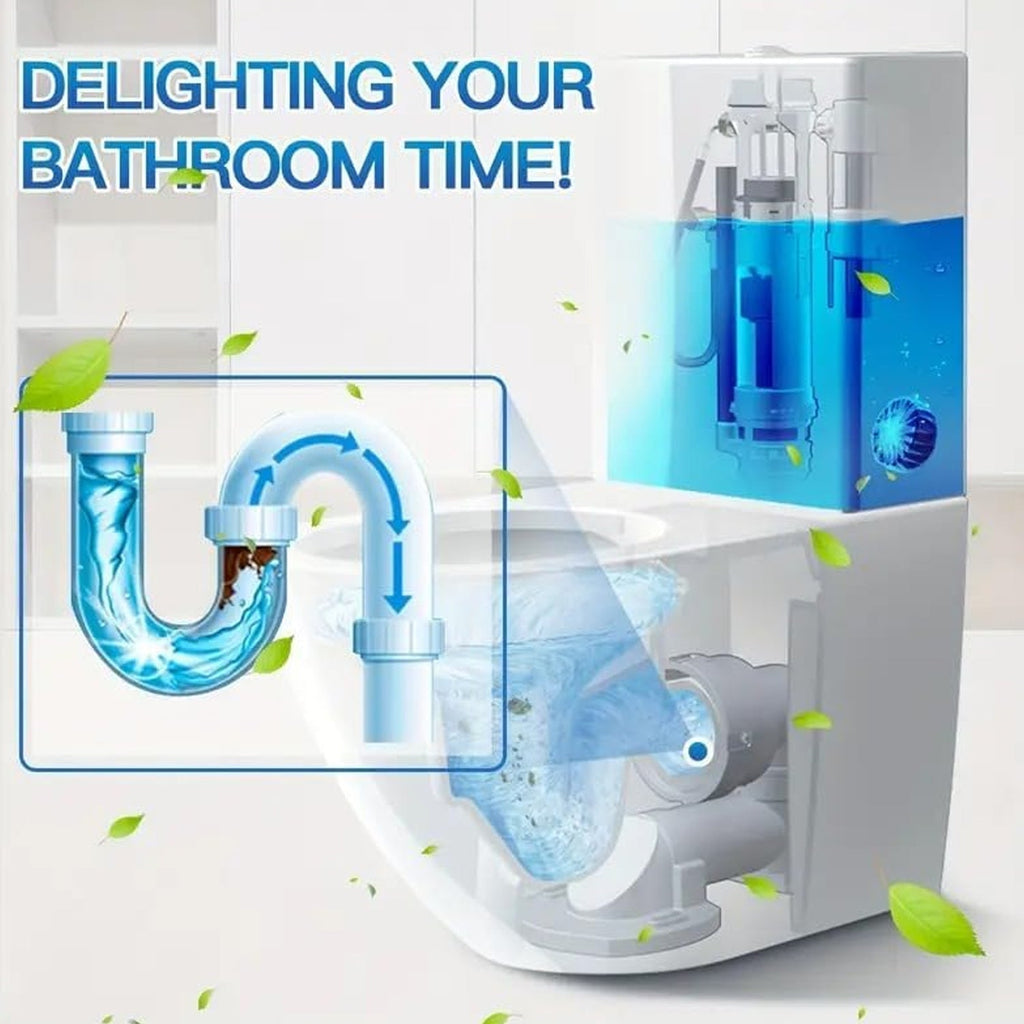 Toilet tab releasing blue cleaning agent into the cistern water.