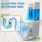 Toilet tab releasing blue cleaning agent into the cistern water.