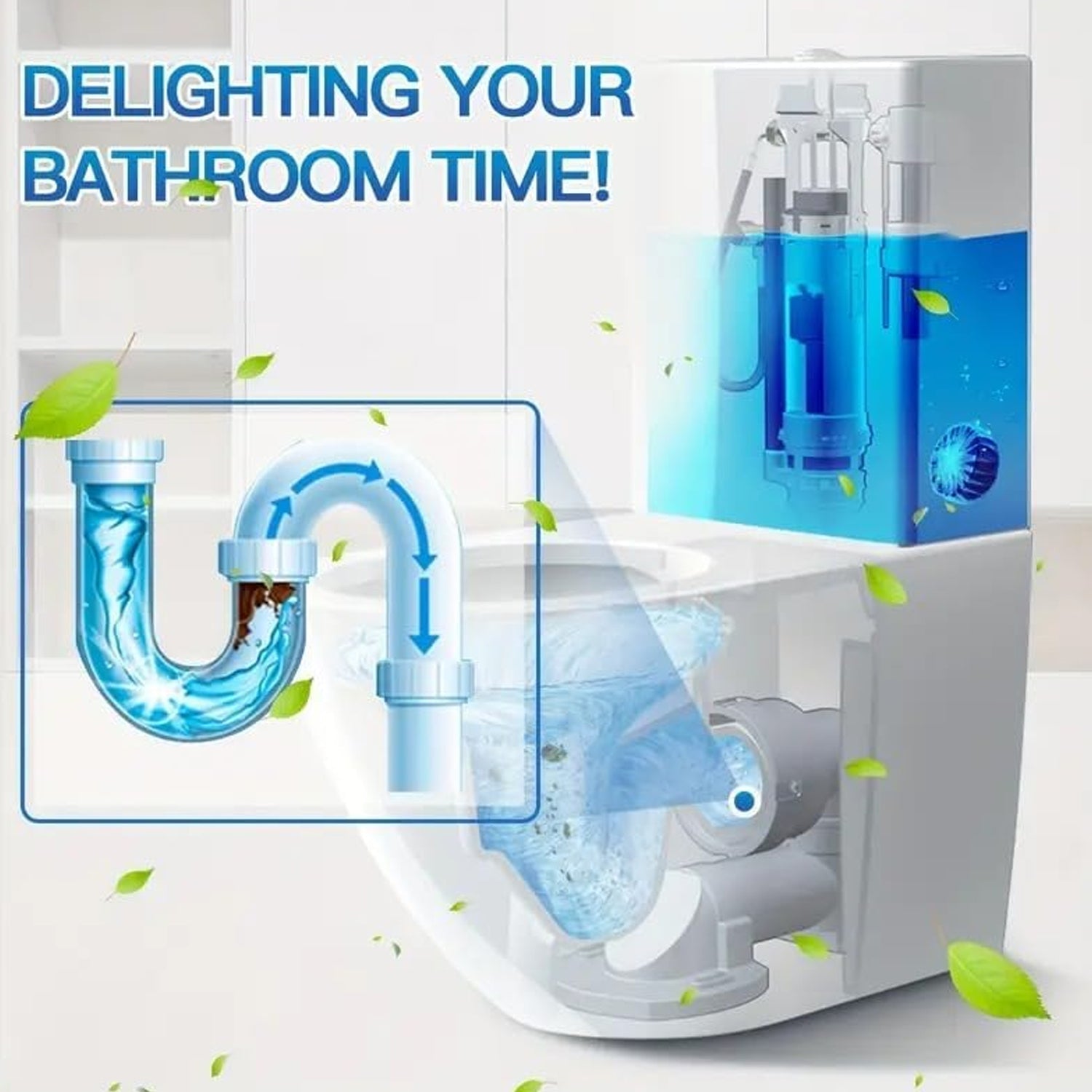Toilet tab releasing blue cleaning agent into the cistern water.