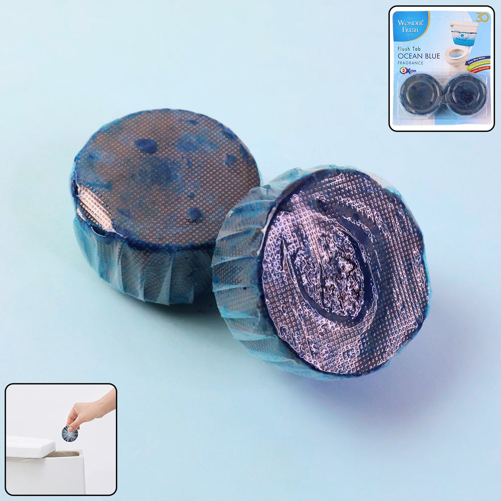 Wonder Fresh Toilet Cleaner Tabs in Ocean Blue packaging, ready for use.