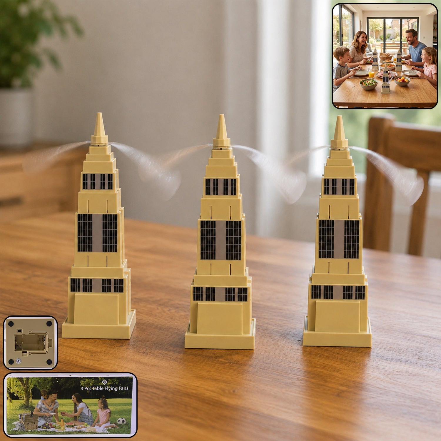 Tower design fly repeller fan set in use on dining table