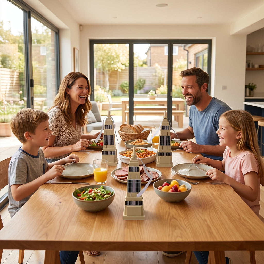 Lifestyle image of family using fly repeller fan at dining table