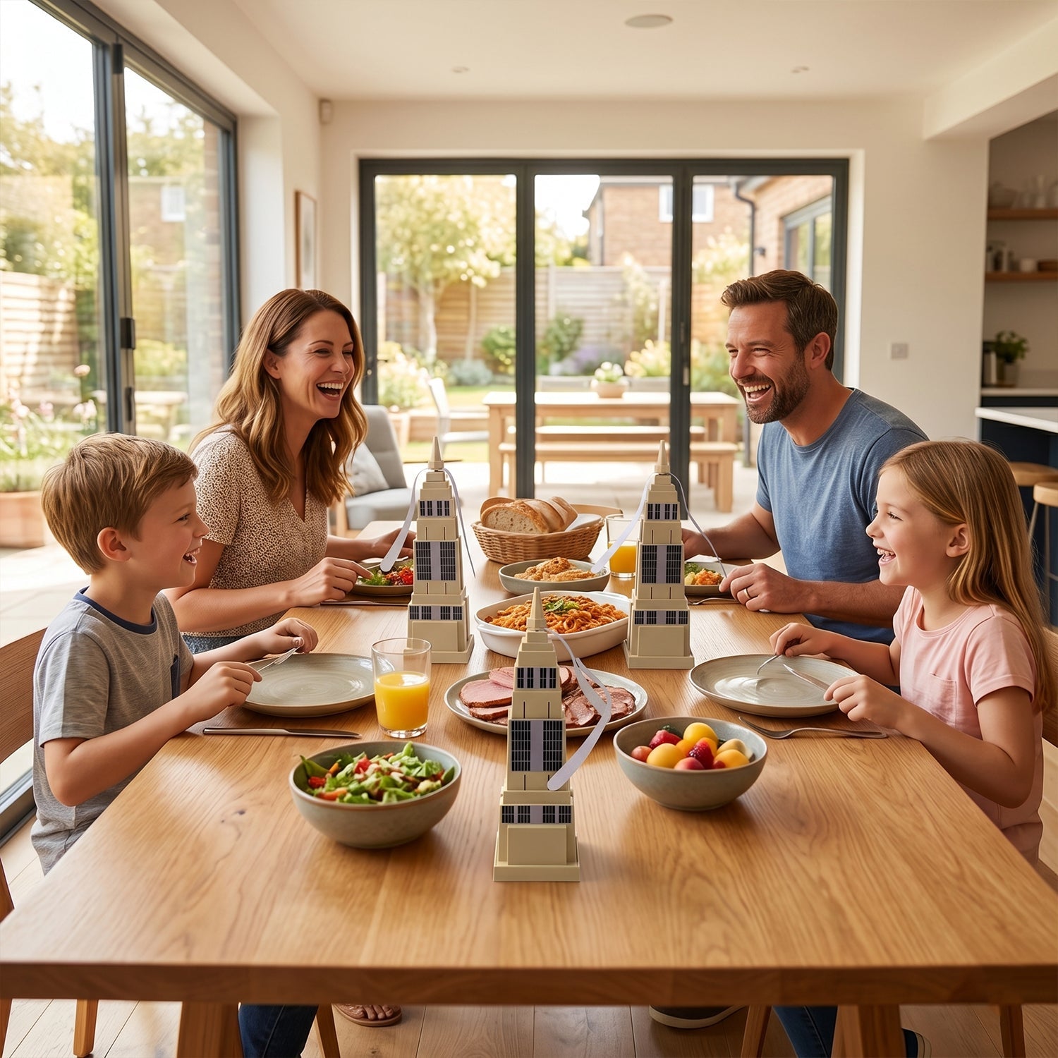 Lifestyle image of family using fly repeller fan at dining table