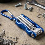 Folded 8-in-1 cycling repair multi tool kit with clip attached