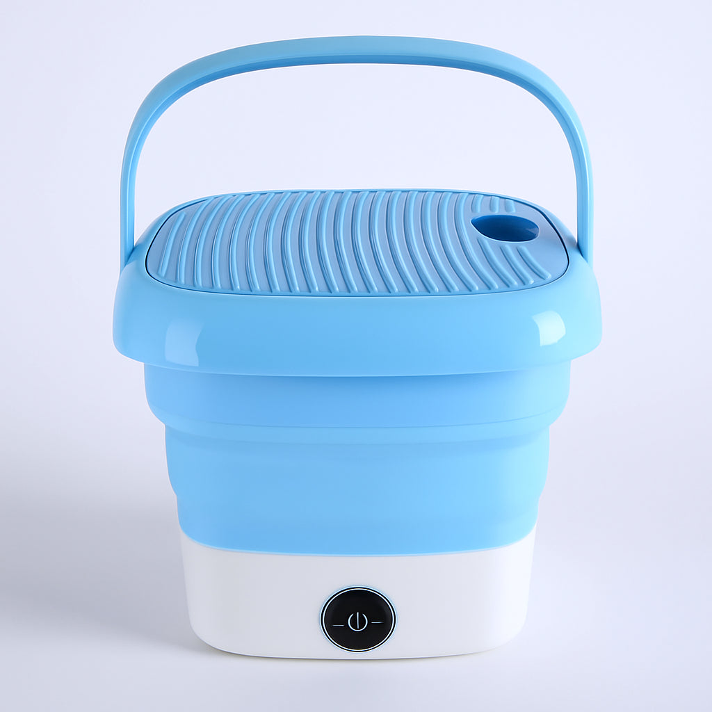 Mini folding washer on a clean background, highlighting its compact size for travel.