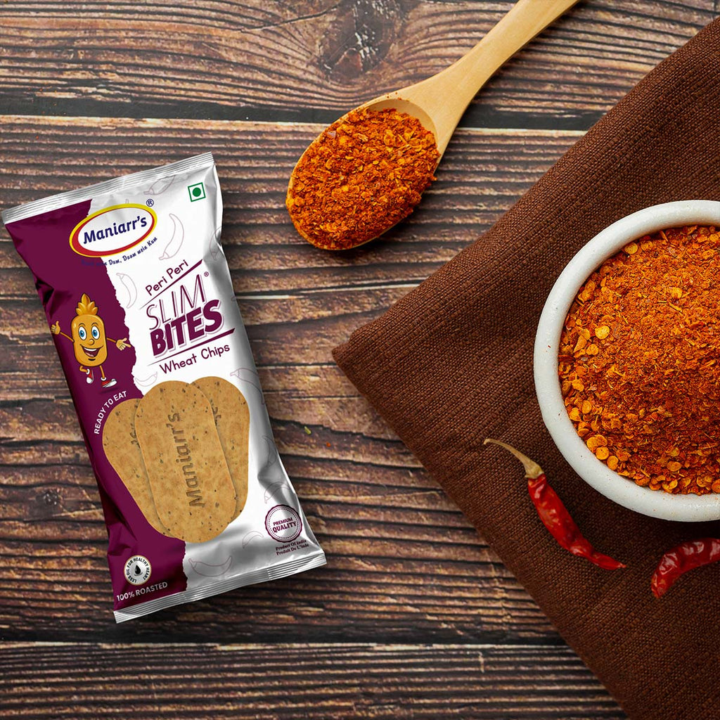Maniarr's Peri Peri Khakhra Mini Slim Bites packaging with crispy khakhra pieces and chili flakes.