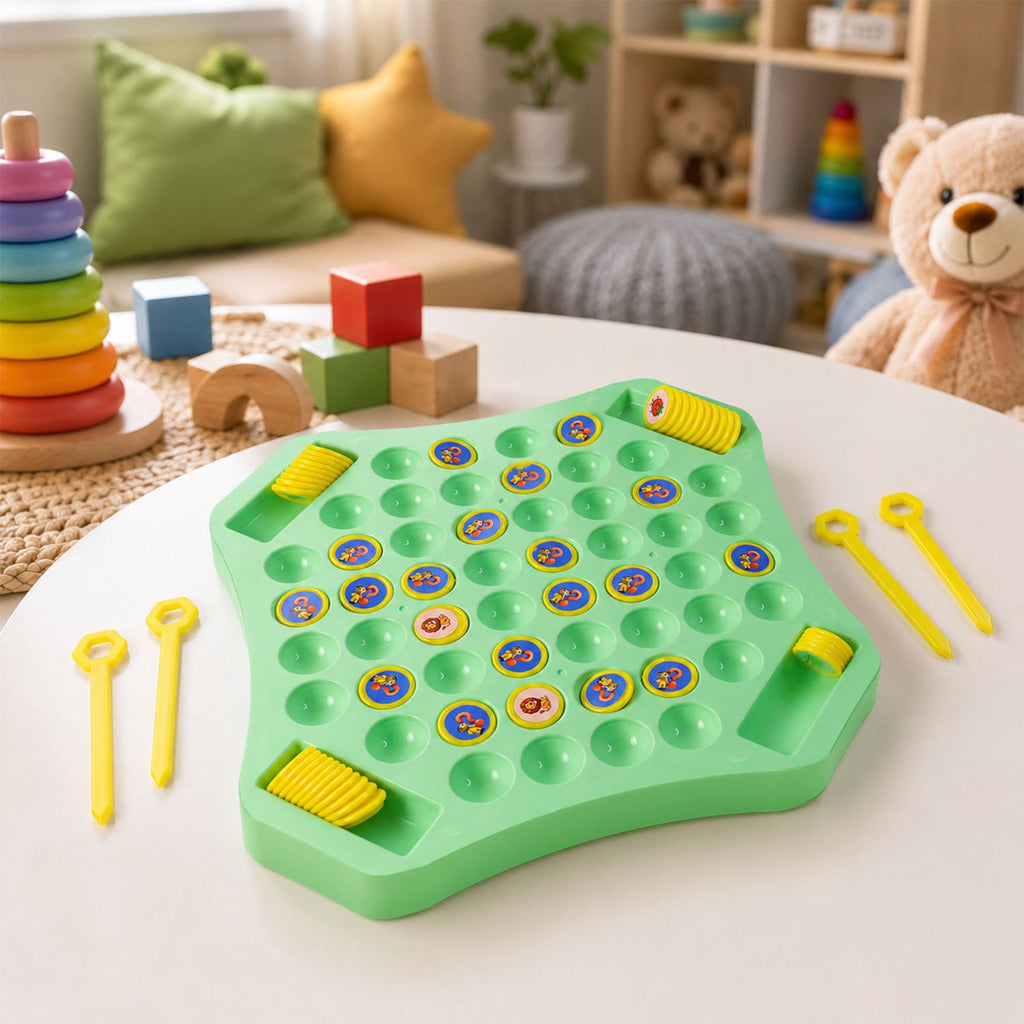 Bright and colorful flip and match game board with animal and object cartoons
