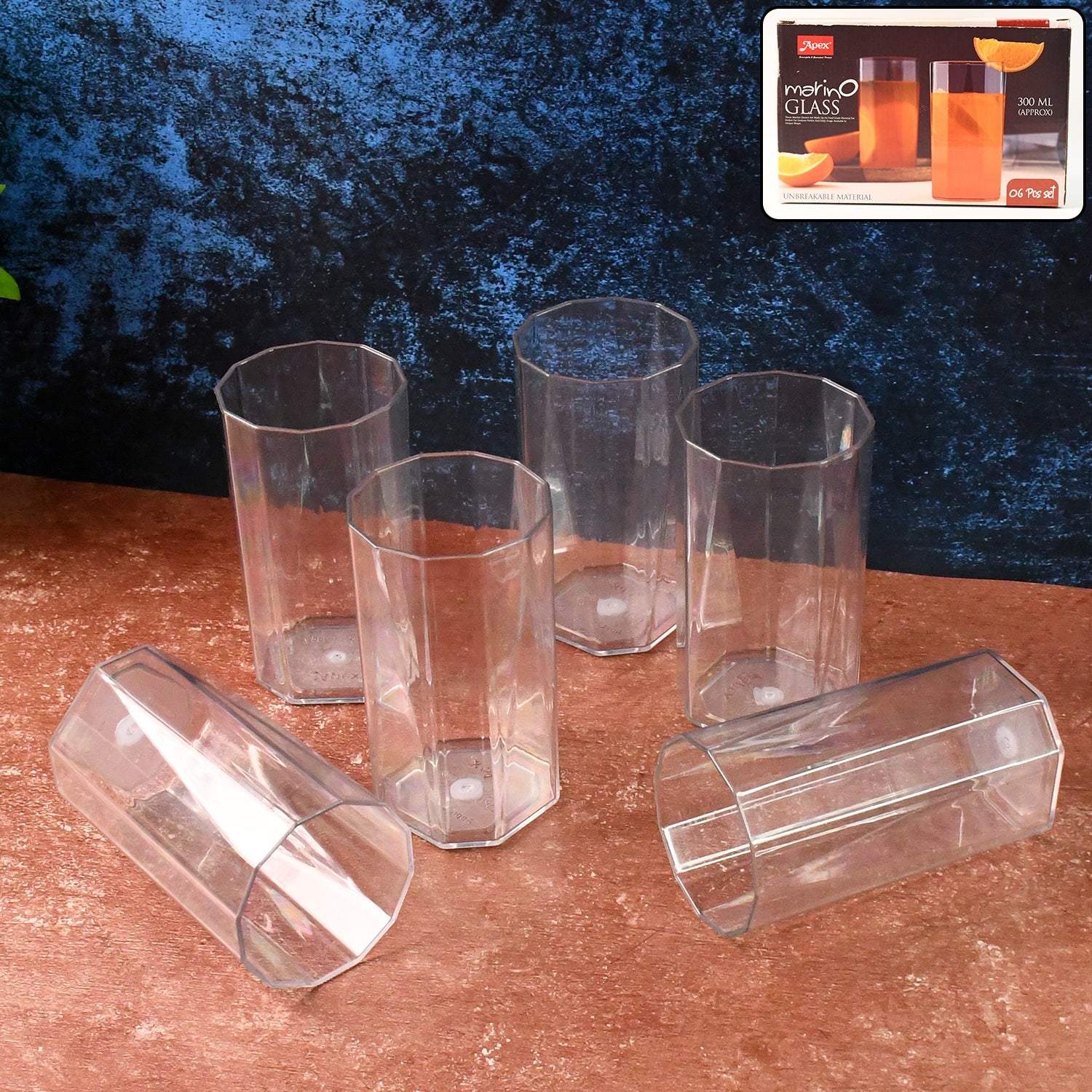 Apex set of six clear unbreakable plastic drinking glasses with faceted design