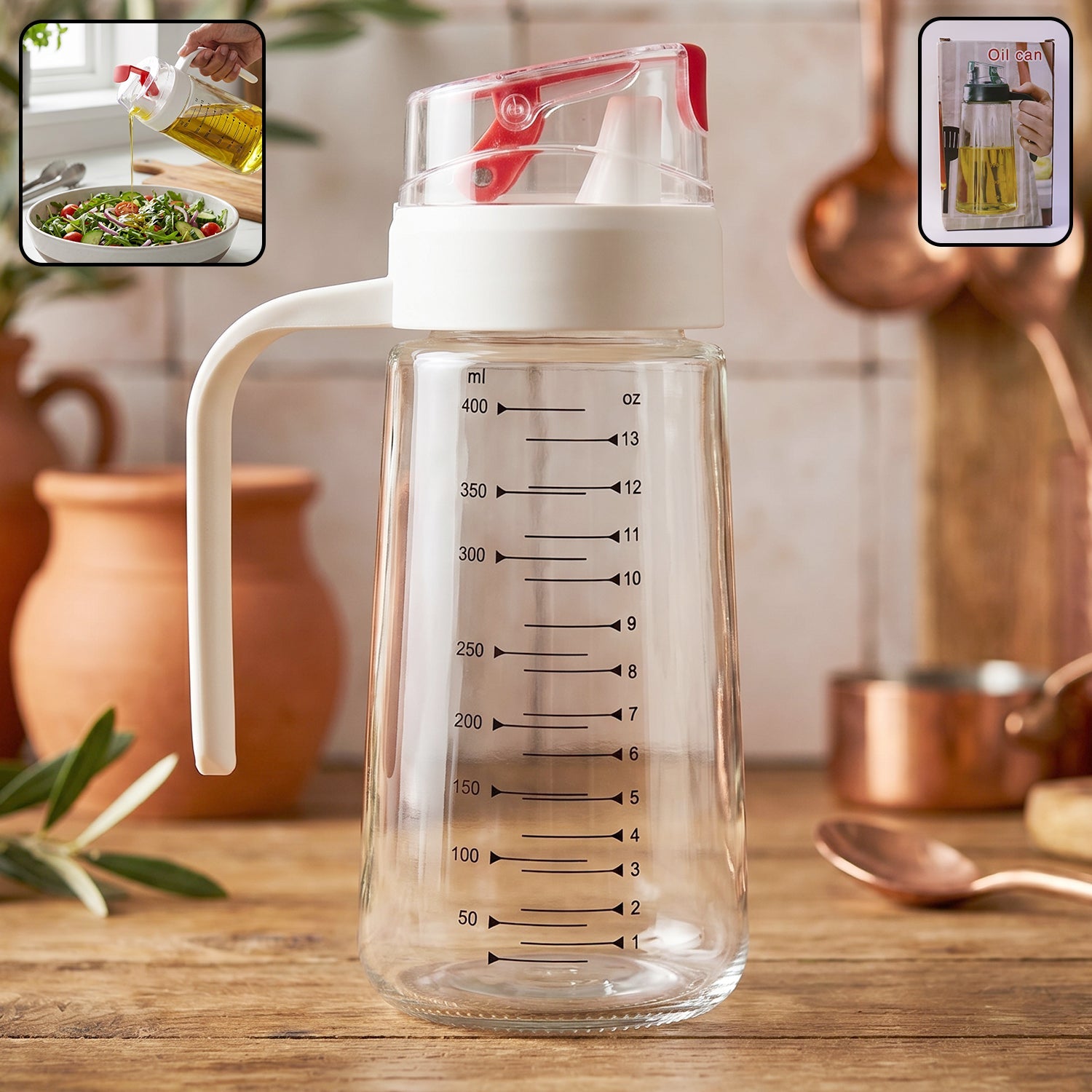 Close-up of glass oil dispenser bottle showing pouring action and side handle