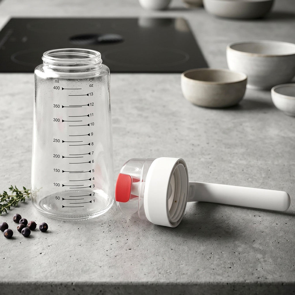 Disassembled glass oil dispenser showing glass body and auto-flip cap